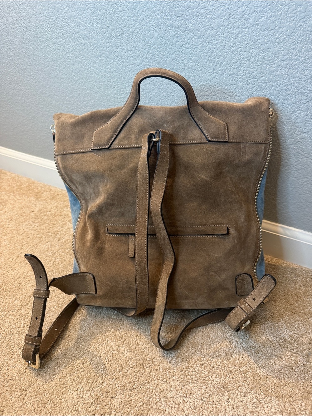 Lipault Paris Suede Fold-Over Backpack Bag in Brown and Blue - Picture 5 of 16